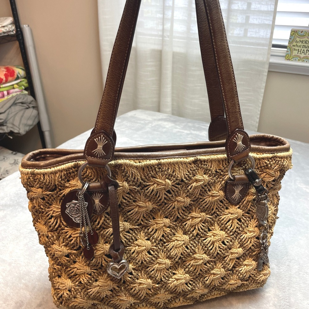 Brighton Womens Woven Straw Tote Bag with Charms 9x12 Brown Leather Trim Coastal
